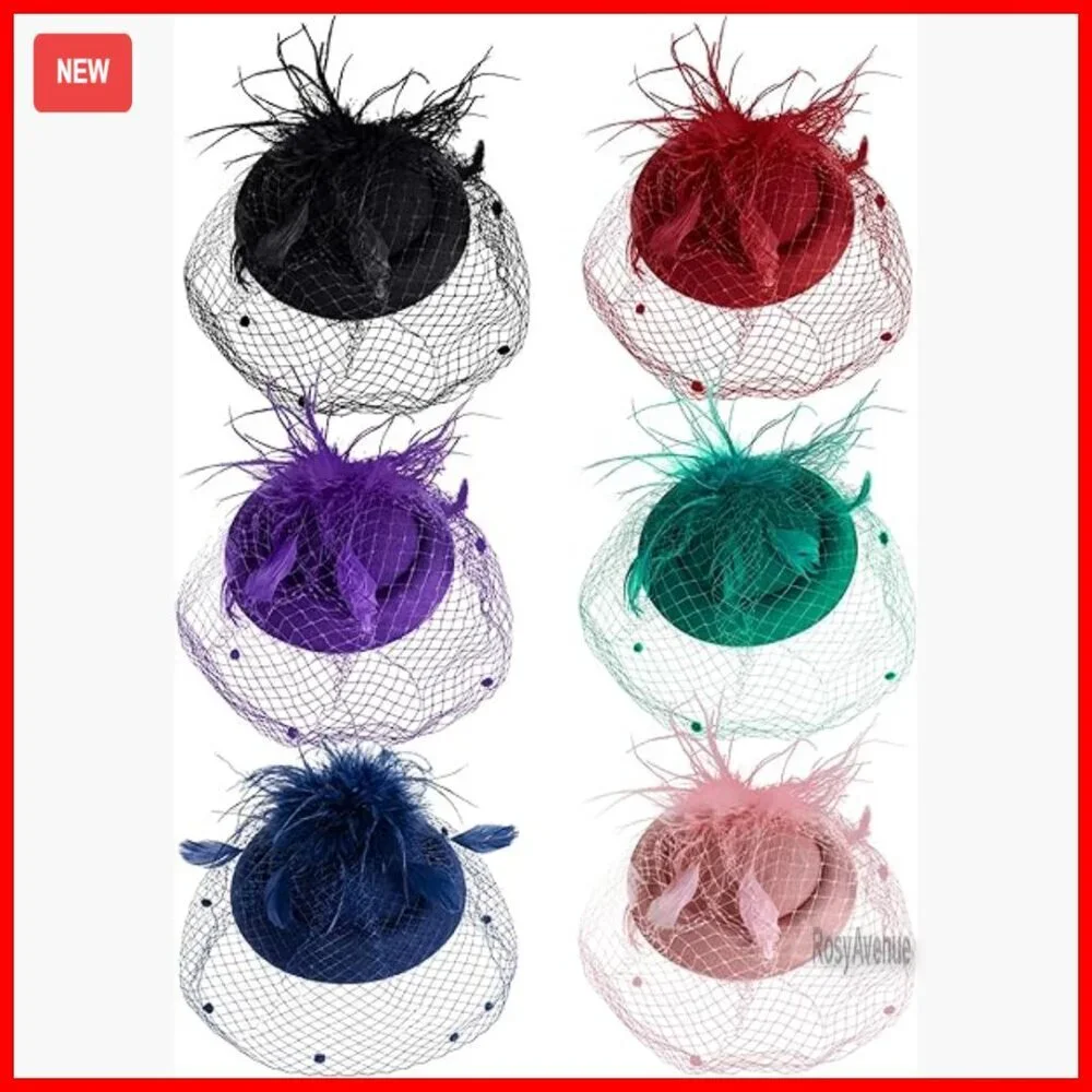 6 Pack Fascinator Hats Derby Style Mesh Feather Hair Clip Wedding Party